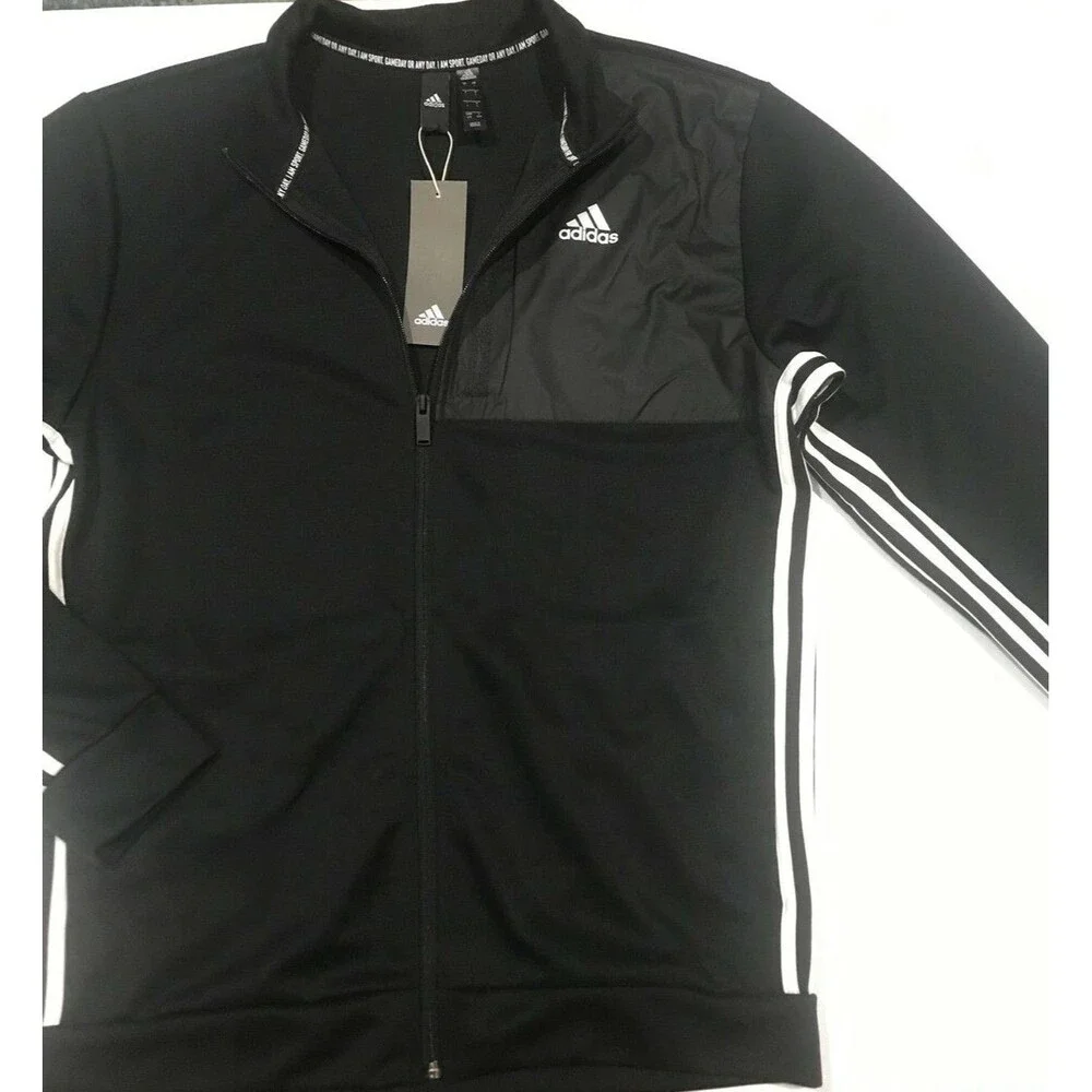 Adidas Transitional Track Jacket Zippered 3 Stripes Black Gameday Men's L